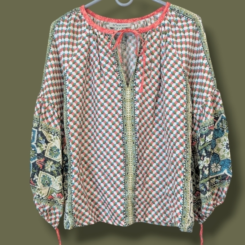 D'ascoli Pink Green Geometric Floral Printed 100% Silk Balloon Sleeve Top Artsy